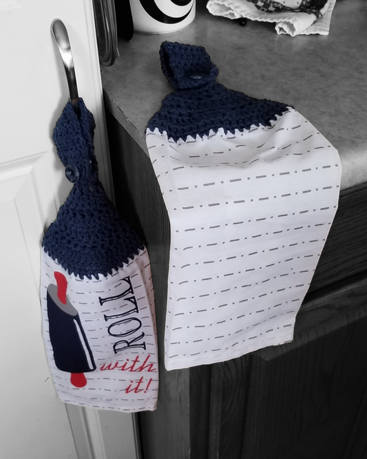 Handcrafted Crochet Hanging Tea Towel Set (Blue or Grey Toppers) with Loop & Button Fastener