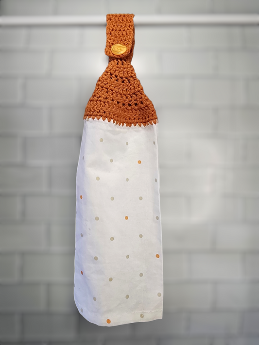 Handcrafted Crochet Hanging Tea Towel (Burnt Orange Topper) with Loop & Button Fastener