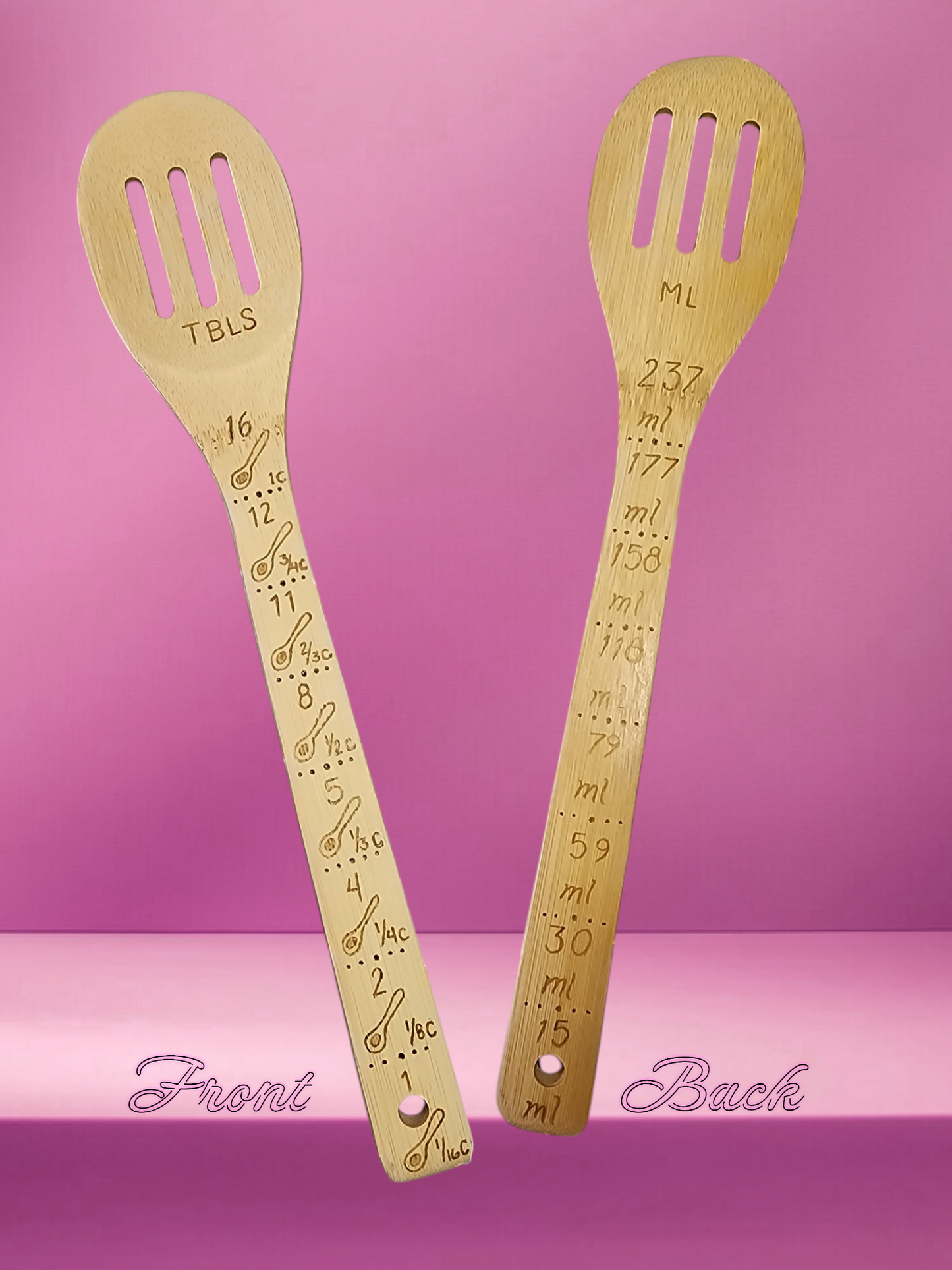 Freehand Woodburned (Tablespoons to Milliliters) Wooden Bamboo Slotted Spoon Utencil