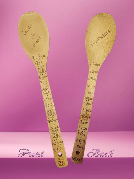 Freehand Woodburned (Sugar to Honey Conversion and Liquid Equivalents) Bamboo Wooden Spoon Utencil