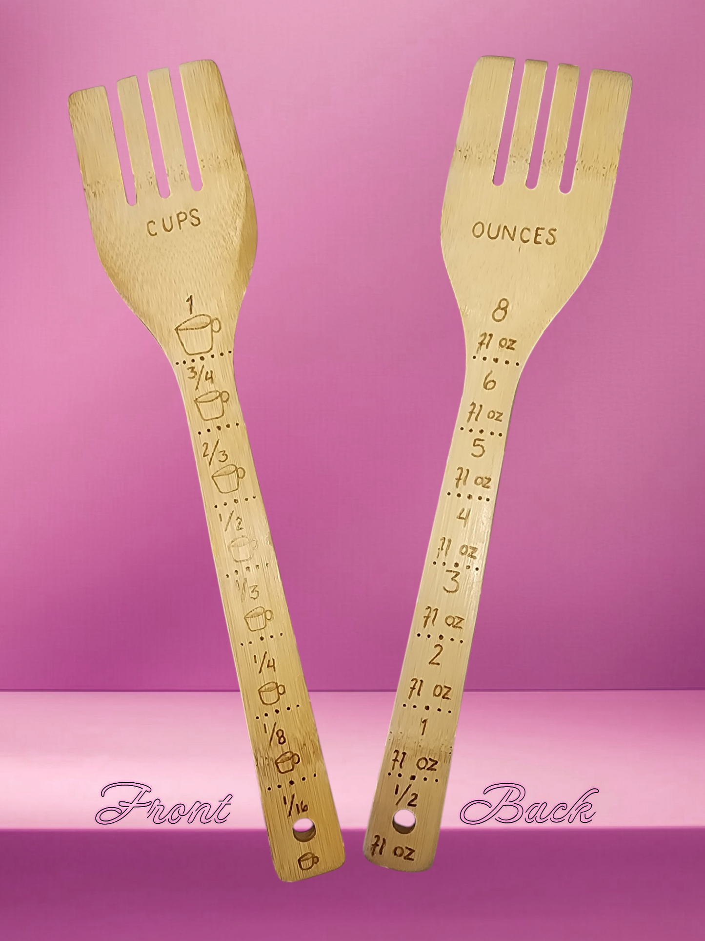 Freehand Woodburned (Cups to Ounces) Wooden Bamboo Fork Utencil