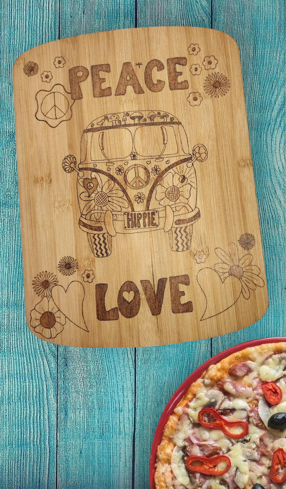 Freehand Woodburned Hippie Bus Peace & Love Bamboo Cutting Board