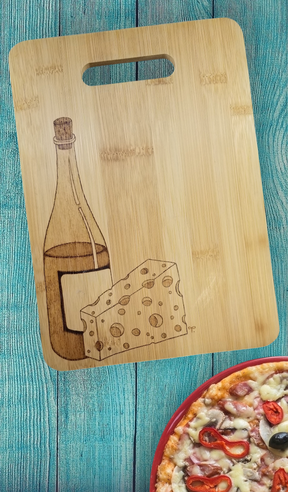 Freehand Woodburned Wine and Cheese Bamboo Cutting Board