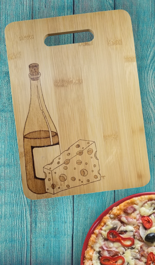 Freehand Woodburned Wine and Cheese Bamboo Cutting Board