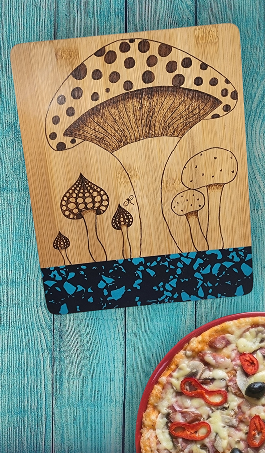 Freehand Woodburned Giant Mushrooms Bamboo Cutting Board