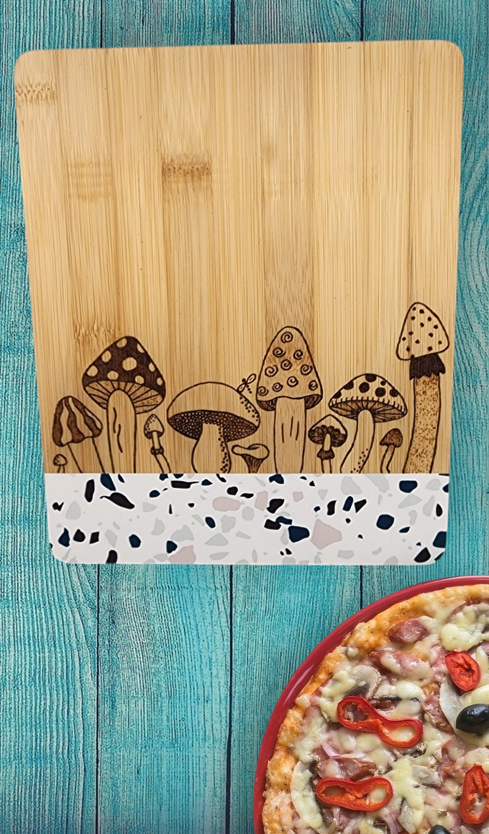 Freehand Woodburned Mushroom Bamboo Cutting Board