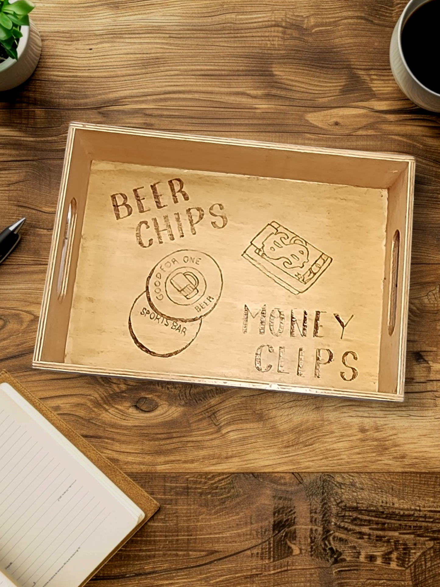 Freehand Woodburned "Beer Chips Money Clips" Nesting Tray (4.5"x6.5")