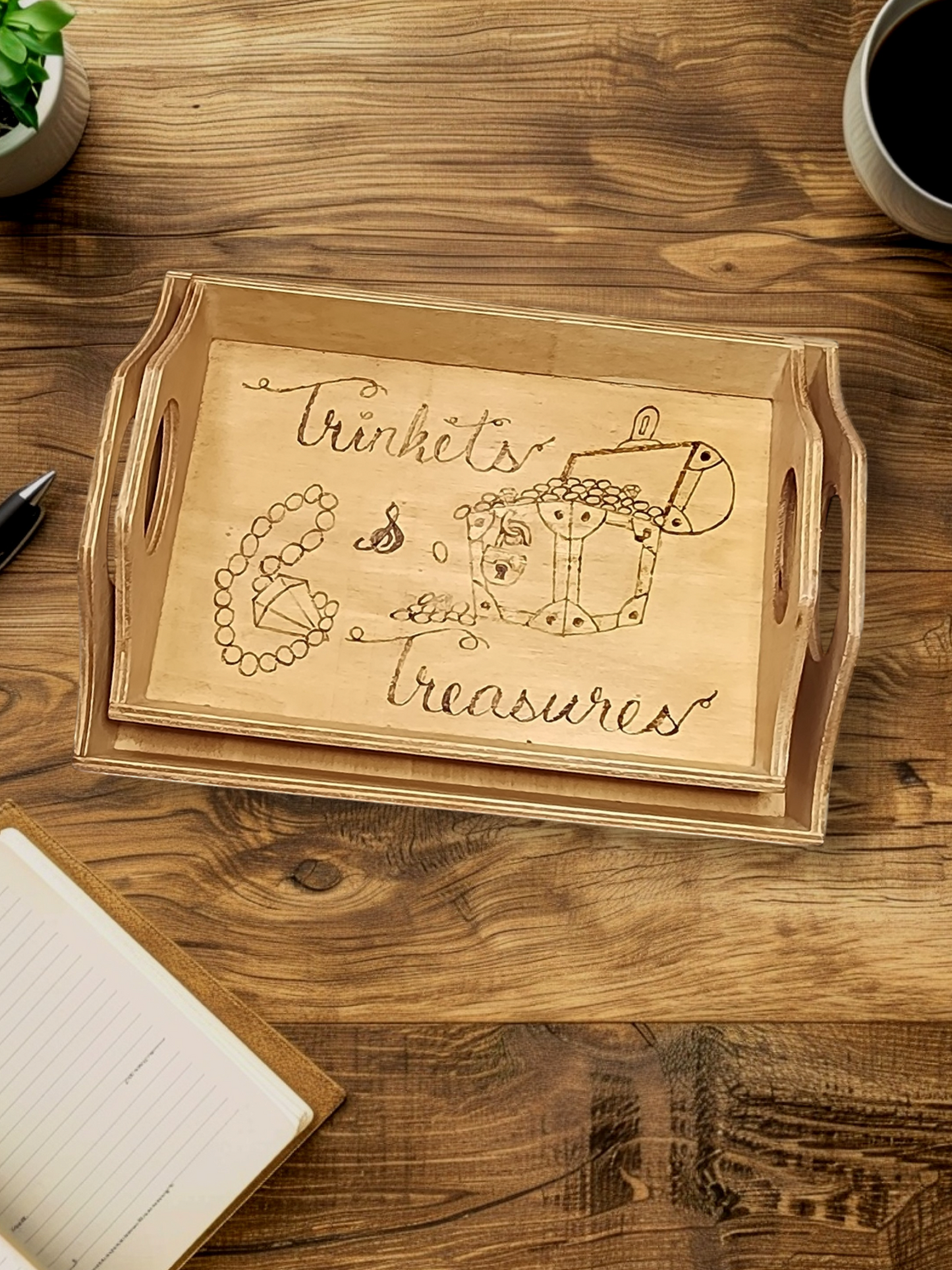 Freehand Woodburned "Trinkets & Treasures" Nesting Tray (5x7)