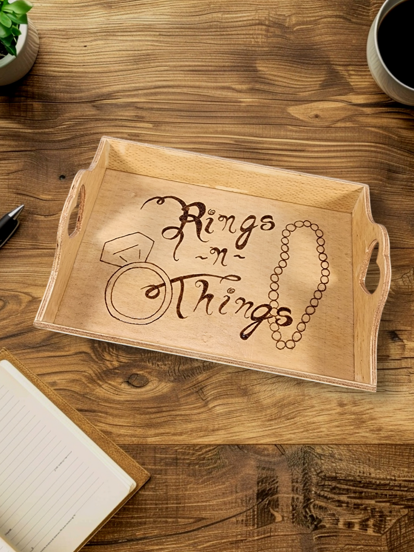 Freehand Woodburned "Rings N Things" Nesting Tray