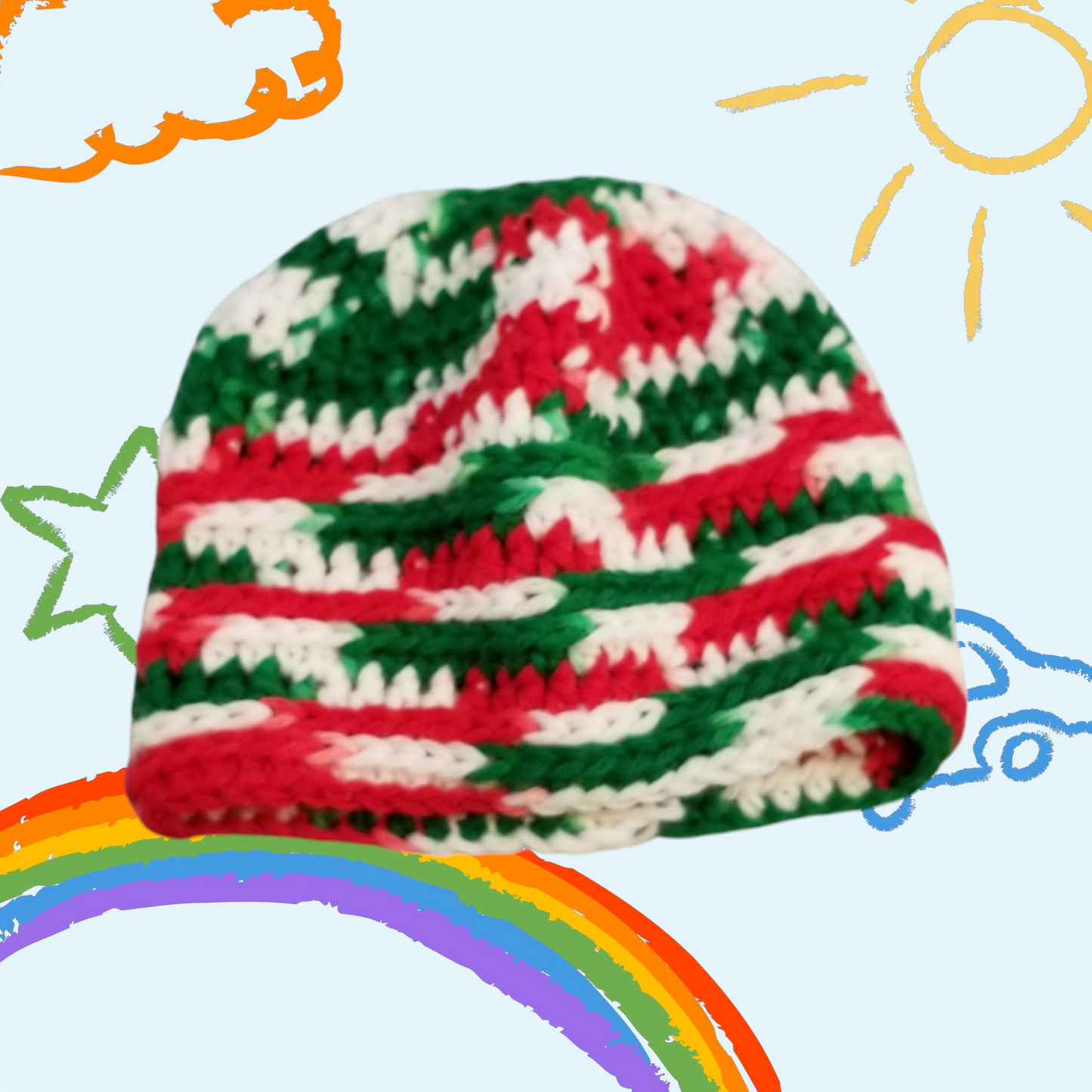 Handmade Crochet Messy Bun Beanie Hat (Child Size) (Red/Green/White)