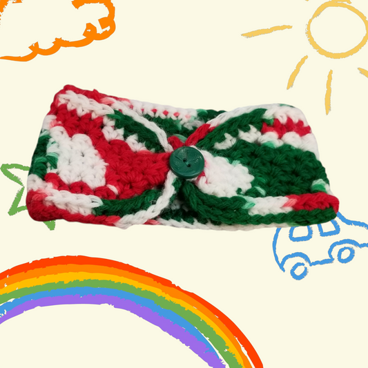 Handmade Crochet Earwarmer with Button (Child Size) (Red/Green/White)