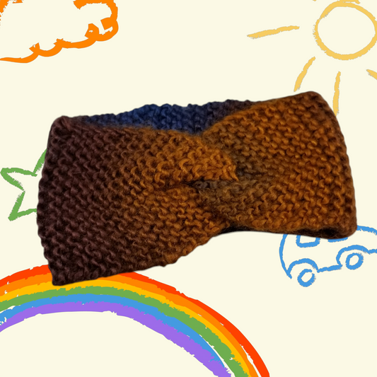 Handmade Knitted Earwarmer with Twist (Child Size) (Copper/Blue)