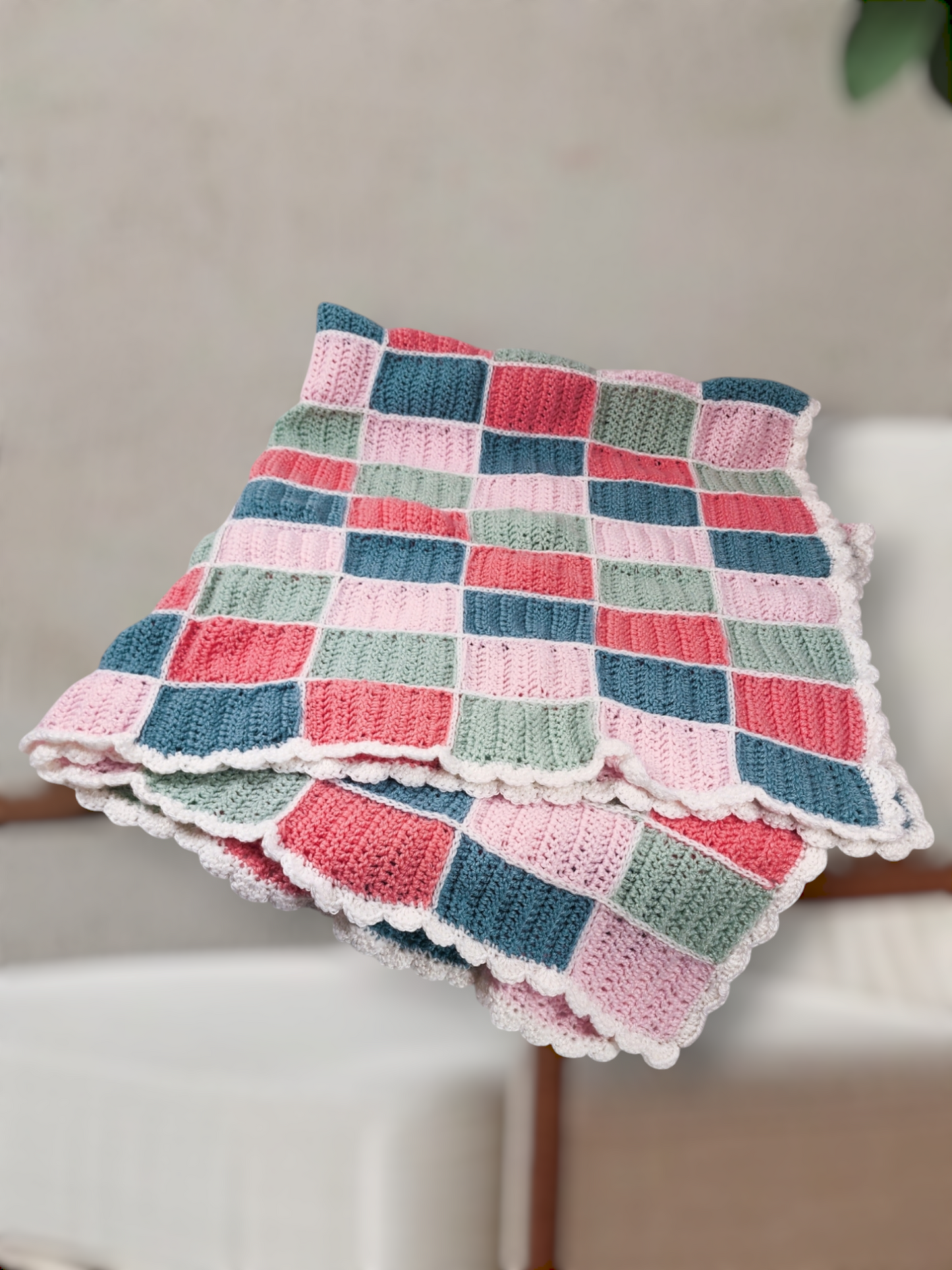 Handmade Crochet Baby Blanket (Pink/Green/White)