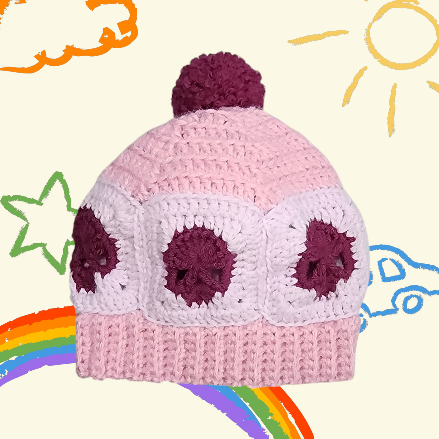 Handmade Crochet Skull Beanie Hat with Pompom (Child Size) (Pink/Purple)