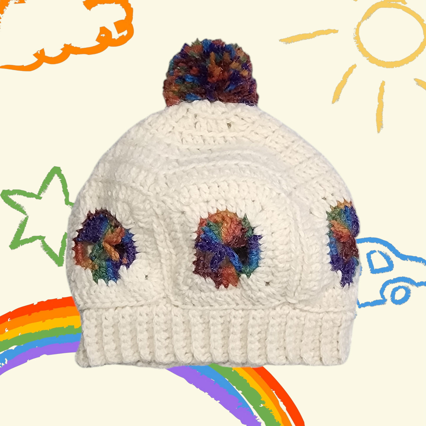 Handmade Crochet Skull Beanie Hat with Pompom (Child Size) (Off White/Rainbow)