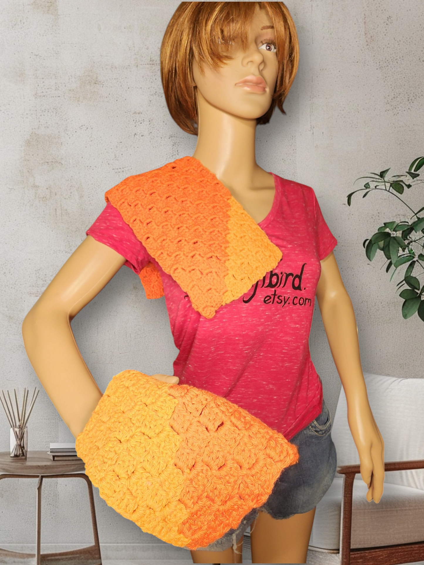 Handmade Crochet Cooking Towel and Dishcloth Set (Orange/Pumpkin)