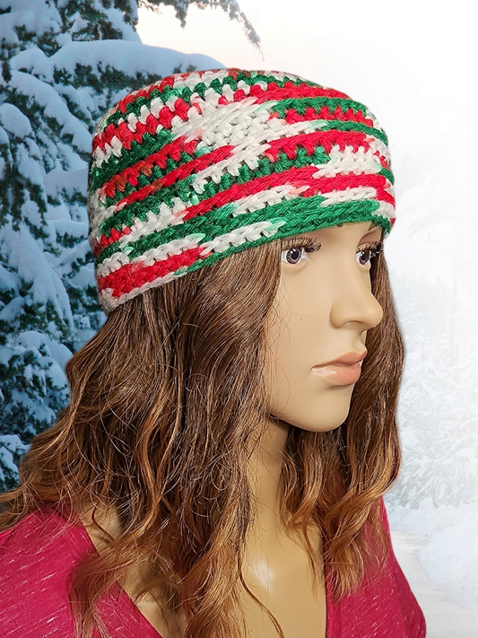 Handmade Crochet Messy Bun Beanie Hat (Red/Green/White)