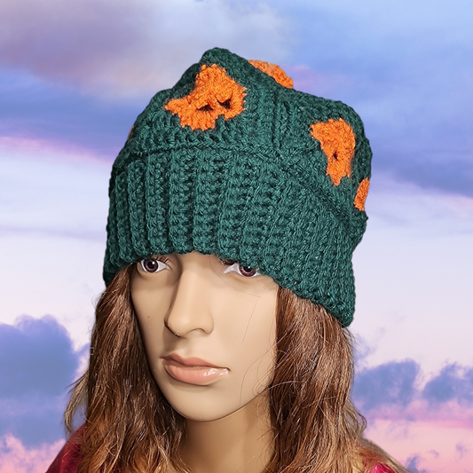 Handmade Crochet Skull Beanie Hat with Pompom (Green/Orange)