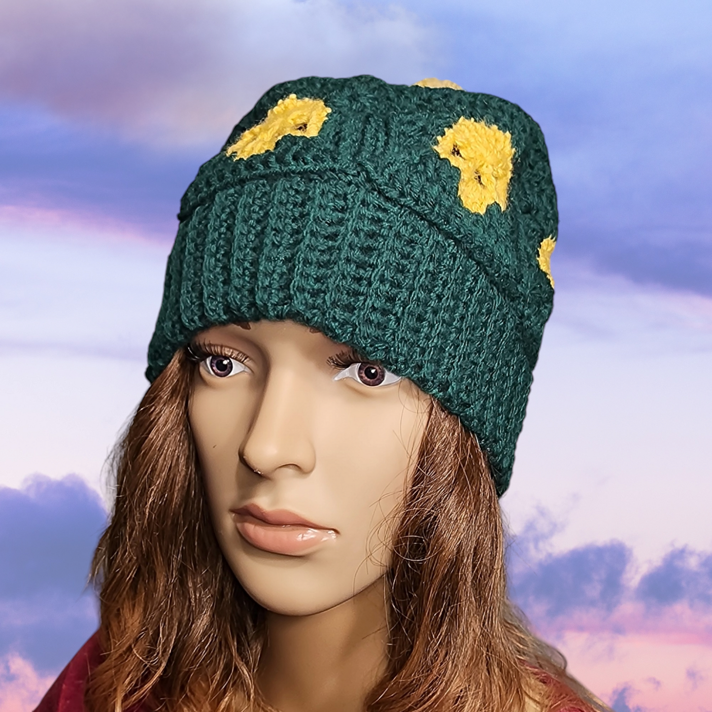 Handmade Crochet Skull Beanie Hat with Pompom (Green/Yellow)