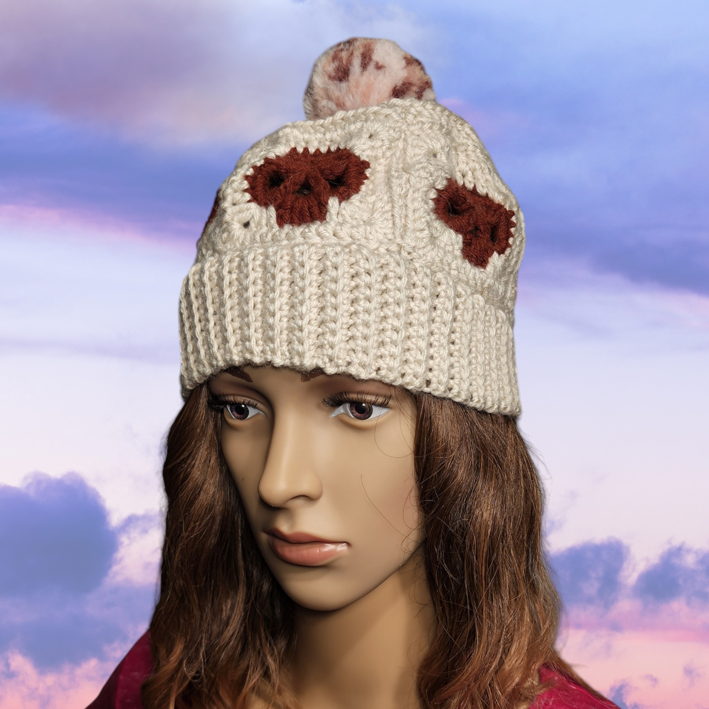 Handmade Crochet Skull Beanie Hat with Pompom (Biege/Brown)