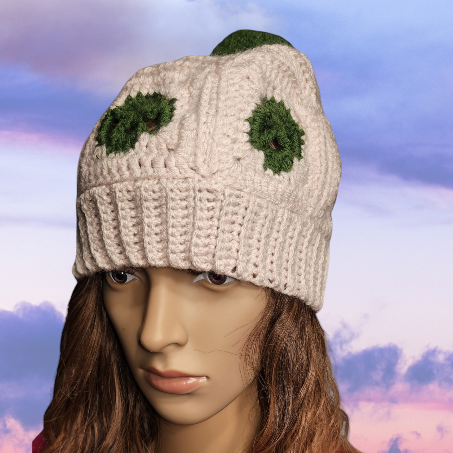 Handmade Crochet Skull Beanie Hat with Pompom (Biege/Green)