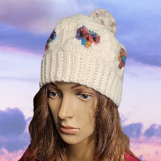 Handmade Crochet Skull Beanie Hat with Pompom (Off White/Rainbow)