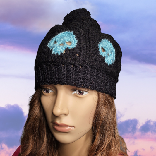 Handmade Crochet Skull Beanie Hat with Pompom (Black/Green)