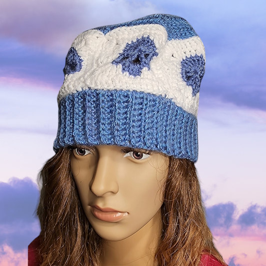 Handmade Crochet Skull Beanie Hat with Pompom (Blue/White)