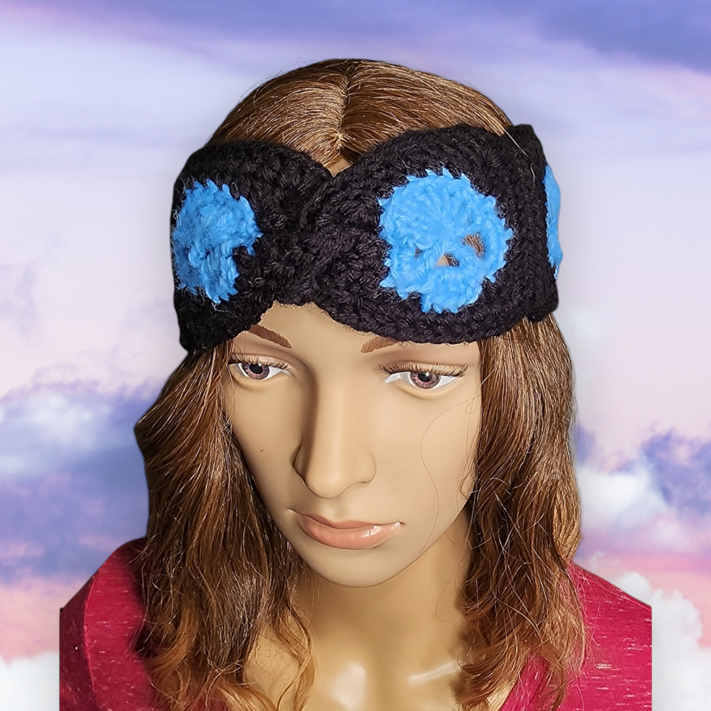 Handmade Crochet Earwarmer with Skulls and a Twist (Black/Blue)