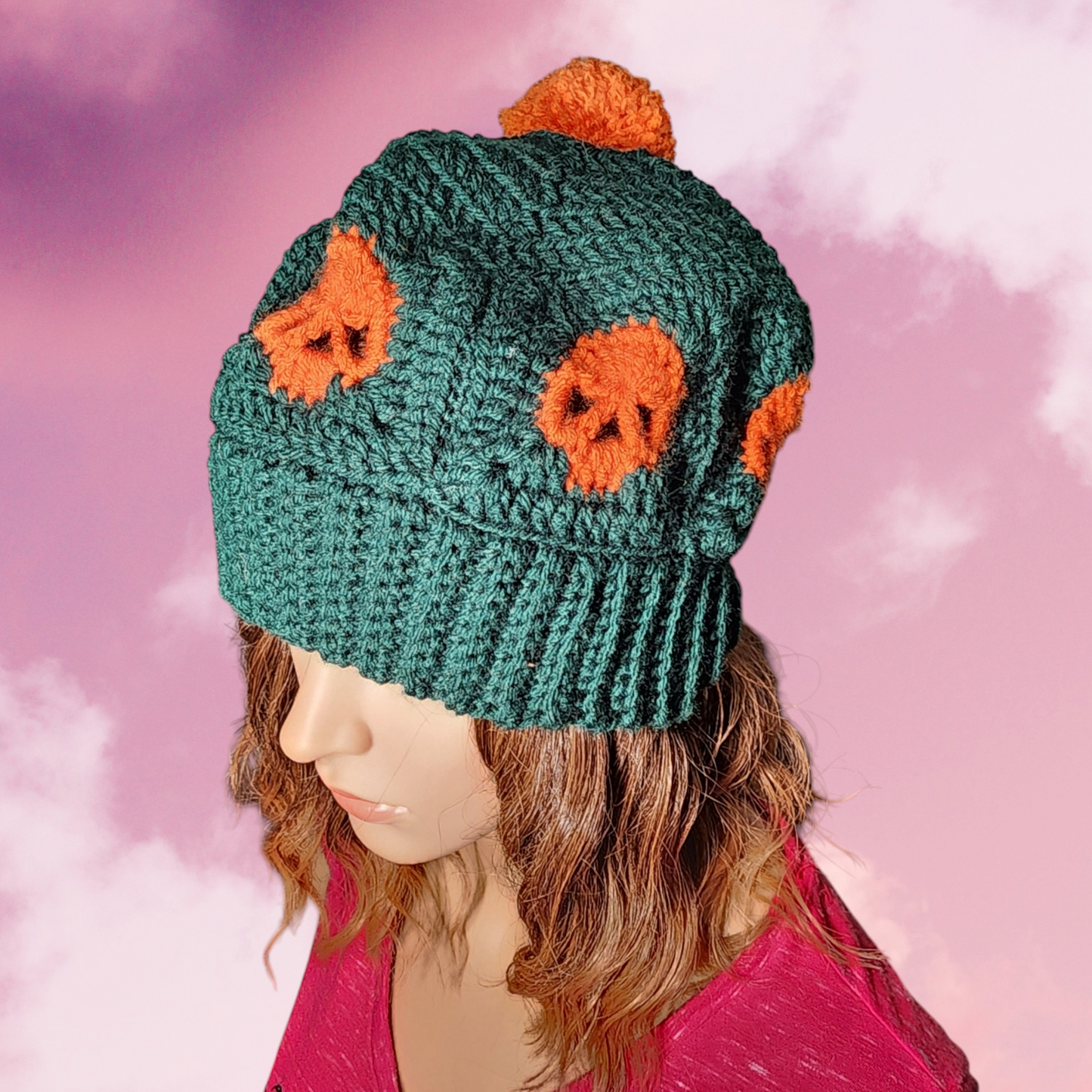 Handmade Crochet Skull Beanie Hat with Pompom (Green/Orange)