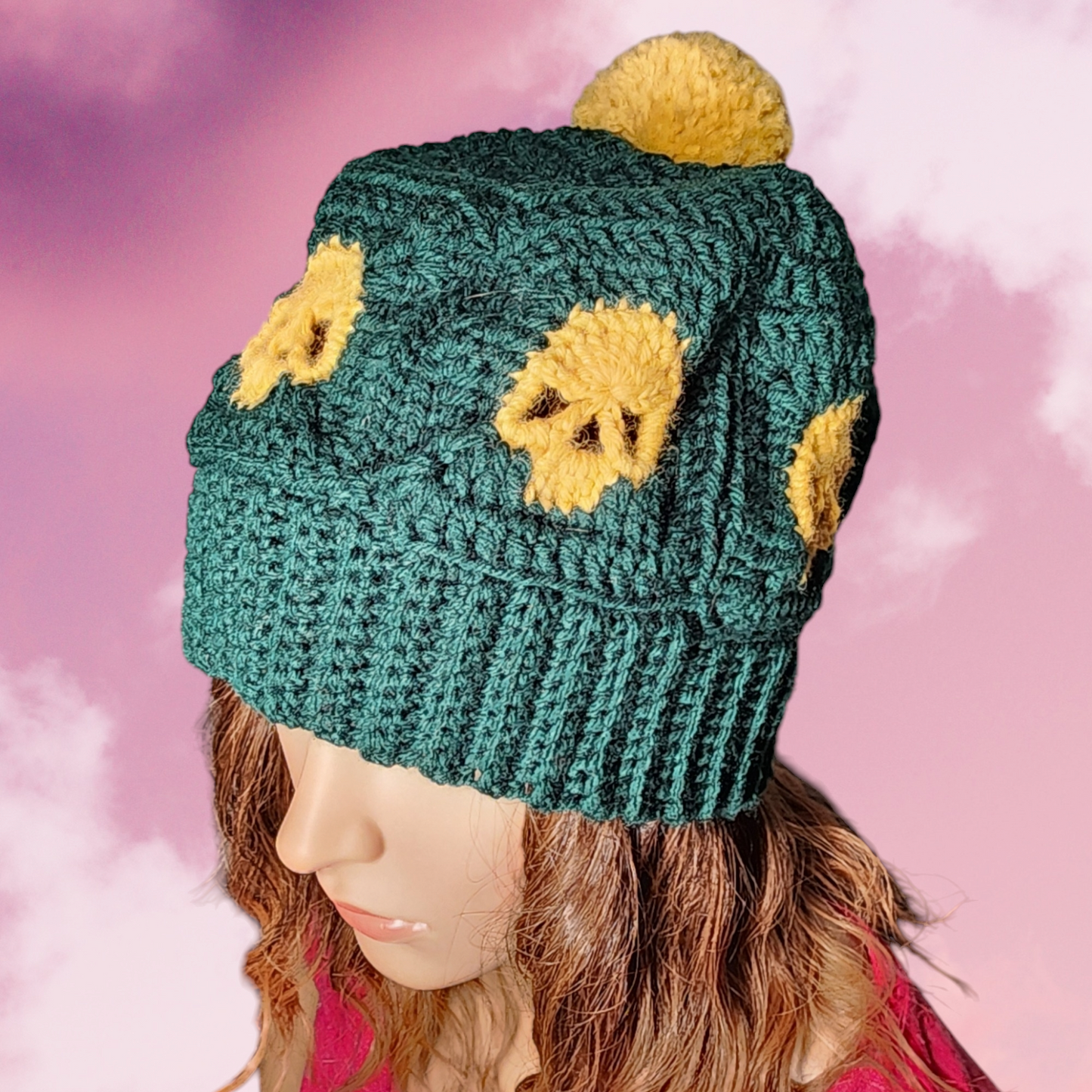 Handmade Crochet Skull Beanie Hat with Pompom (Green/Yellow)