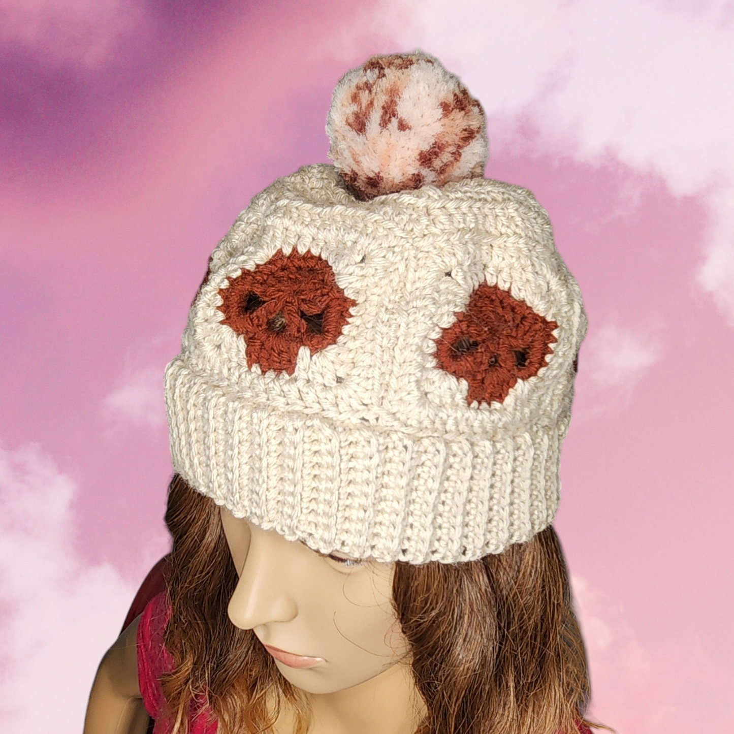 Handmade Crochet Skull Beanie Hat with Pompom (Biege/Brown)