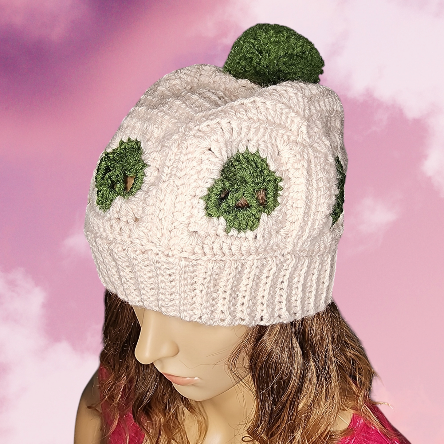 Handmade Crochet Skull Beanie Hat with Pompom (Biege/Green)