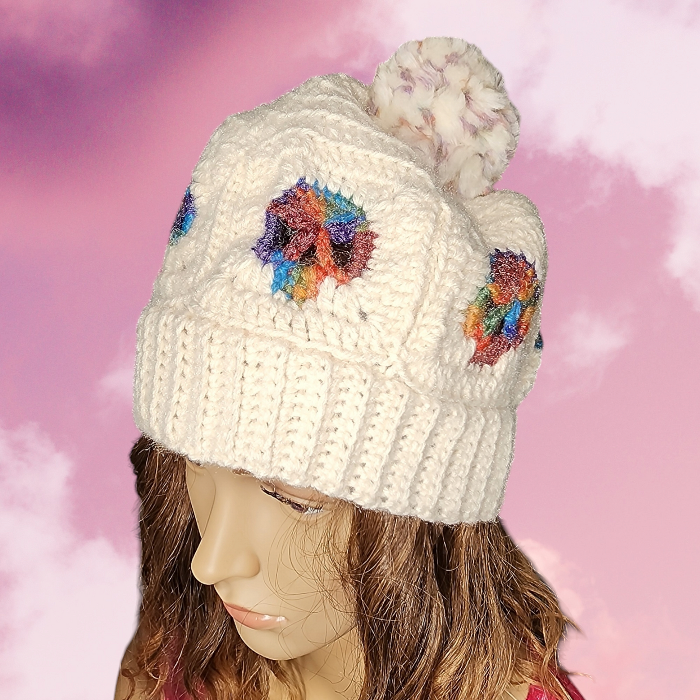 Handmade Crochet Skull Beanie Hat with Pompom (Off White/Rainbow)