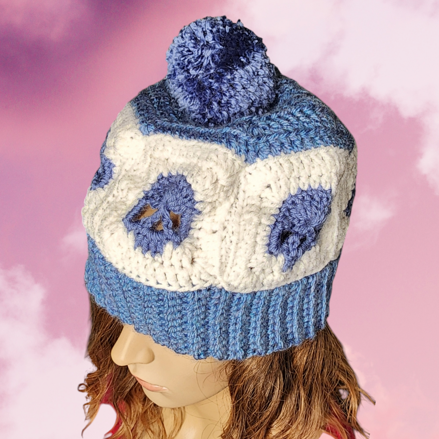 Handmade Crochet Skull Beanie Hat with Pompom (Blue/White)