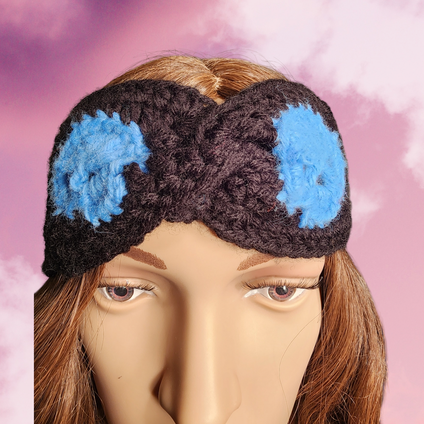 Handmade Crochet Earwarmer with Skulls and a Twist (Black/Blue)