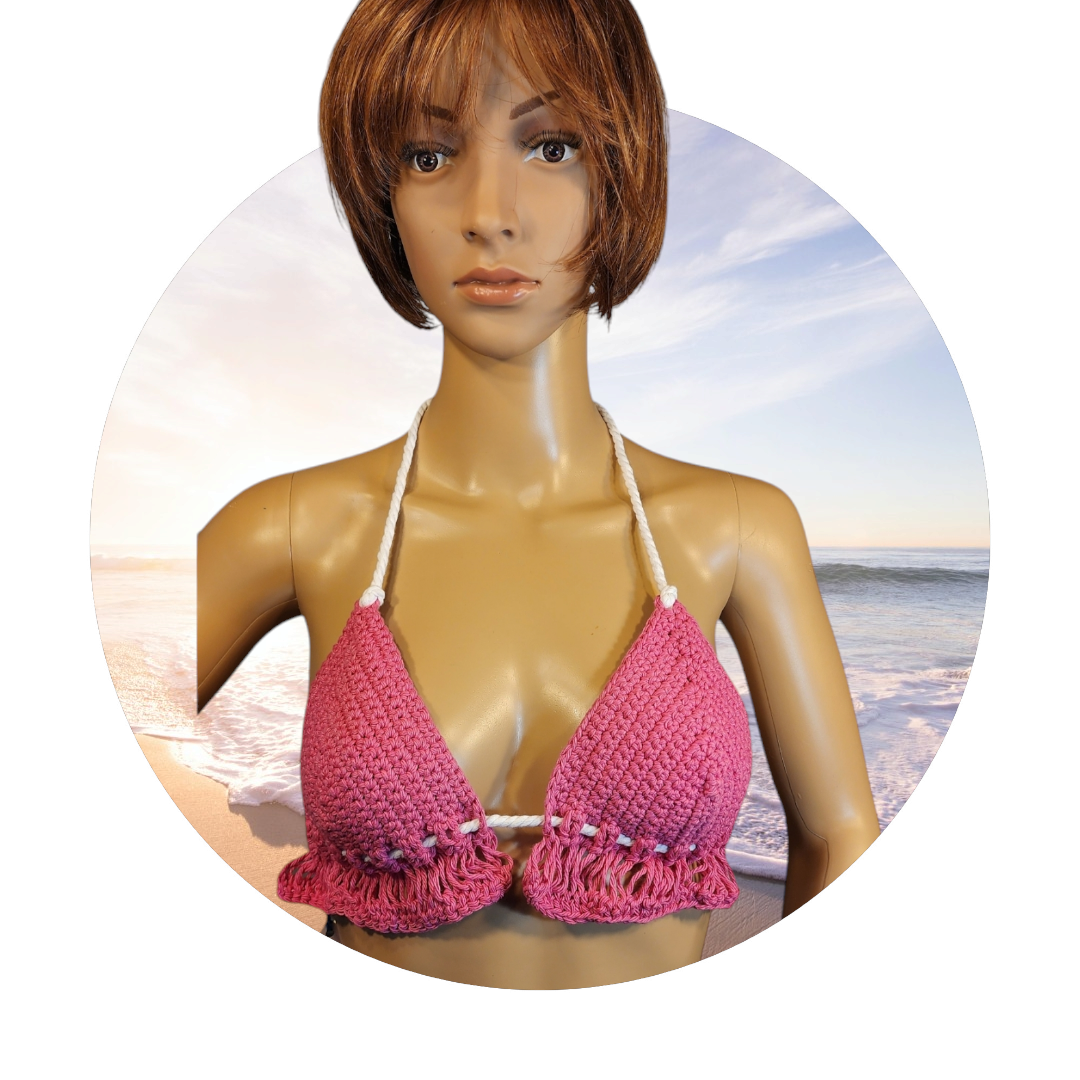 Handmade Crochet Flapperkini Bikini Swim Top (Pink)