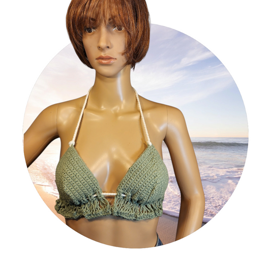 Handmade Crochet Flapperkini Bikini Swim Top (Olive Green)