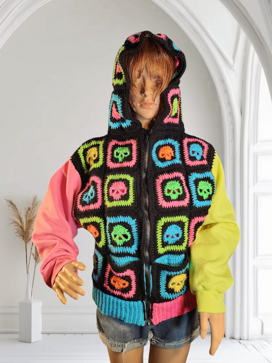 Handmade Crochet Skull Hoodie with Pockets and Zipper (80's Neon/Black)