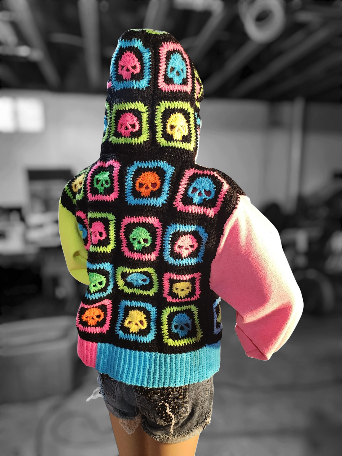 Handmade Crochet Skull Hoodie with Pockets and Zipper (80's Neon/Black)