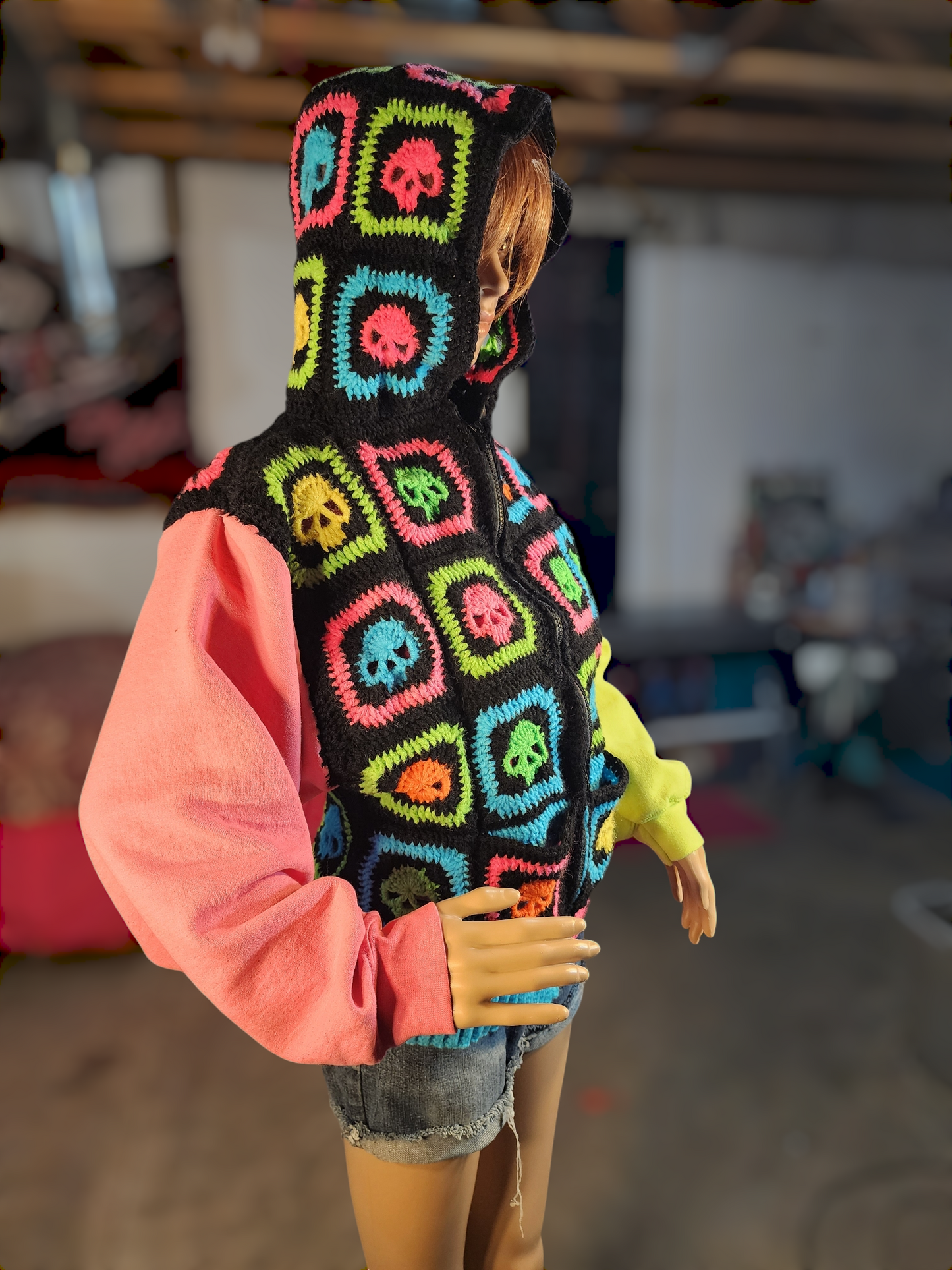 Handmade Crochet Skull Hoodie with Pockets and Zipper (80's Neon/Black)