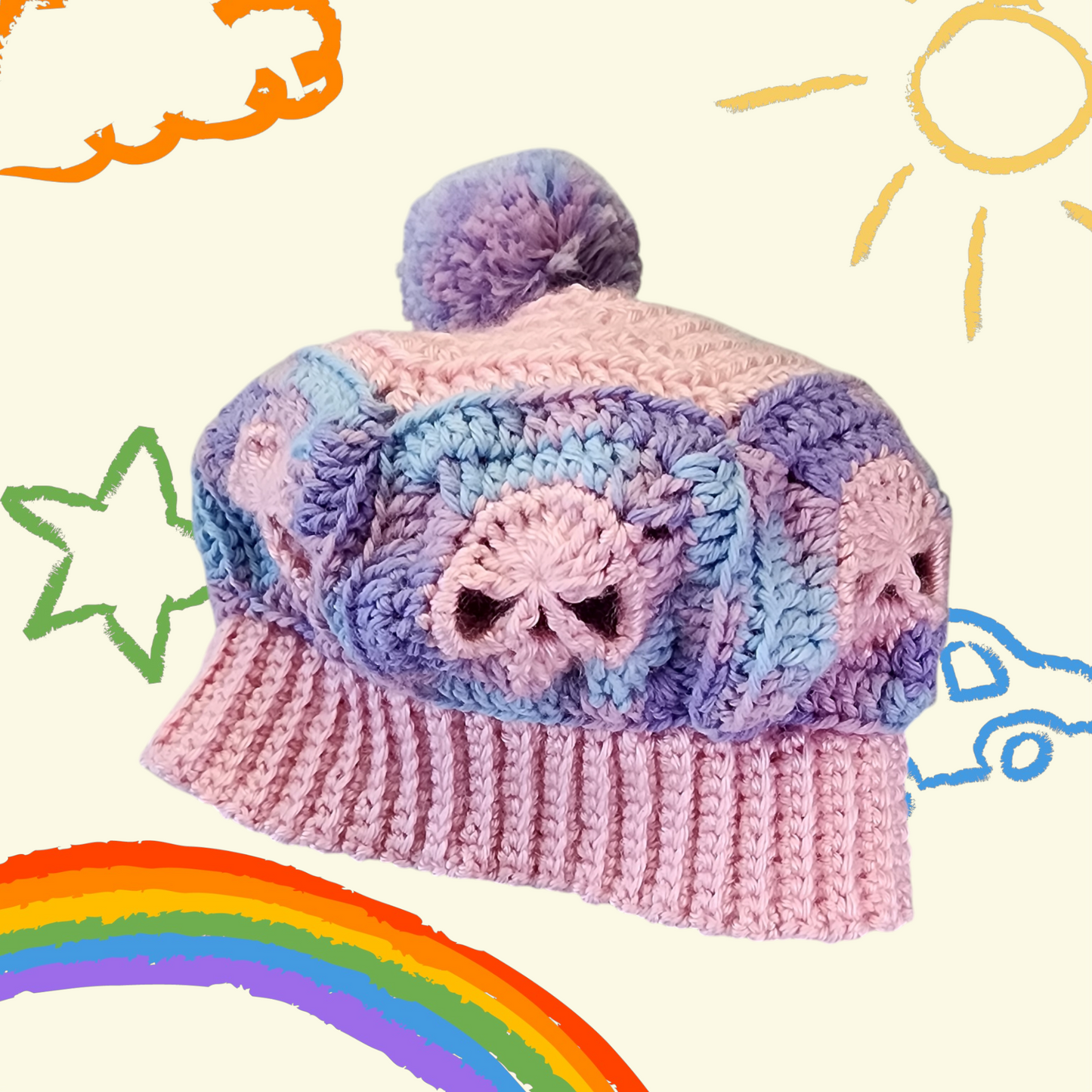 Handmade Crochet Skull Beanie Hat with Pompom (Child Size) (Pink/Purple/Blue)